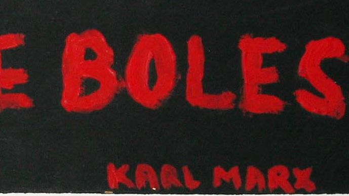 Mladen Stilinovic, Rad je bolest (Karl Marx) / Arbete är sjukdom, 1981, akryl på pappskiva, 16 x 58 cm