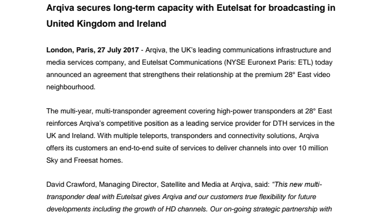 Arqiva secures long-term capacity with Eutelsat for broadcasting in United Kingdom and Ireland
