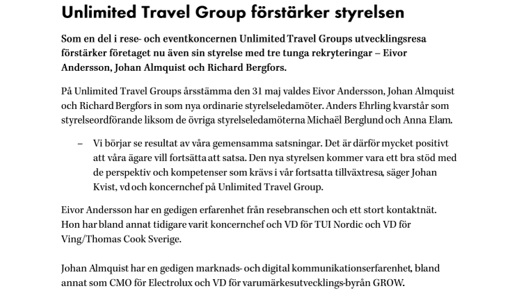  Unlimited Travel Group förstärker styrelsen 