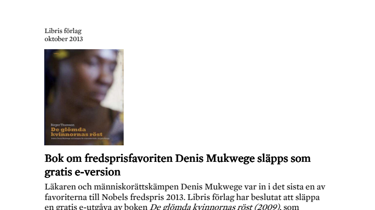 Bok om fredsprisfavoriten Denis Mukwege släpps som gratis e-version