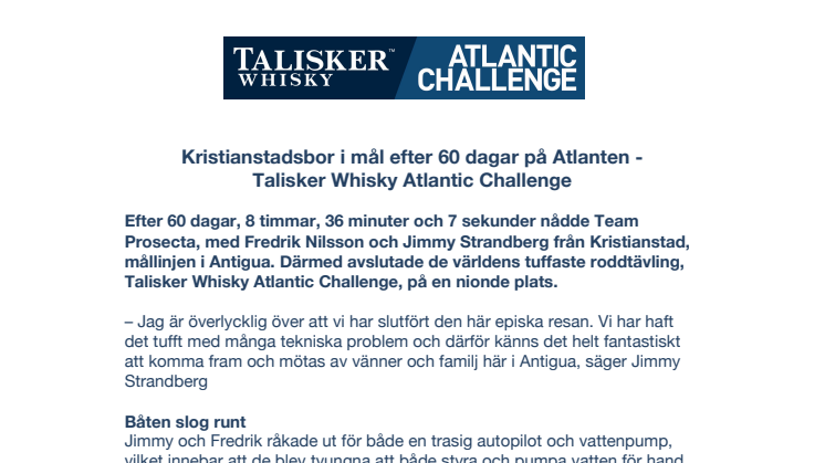 Kristianstadsbor i mål efter 60 dagar på Atlanten -  Talisker Whisky Atlantic Challenge