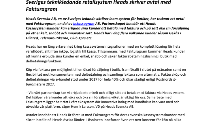Sveriges teknikledande retailsystem Heads skriver avtal med Fakturagram 