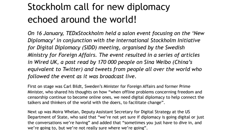 Stockholm call for new diplomacy  echoed around the world!
