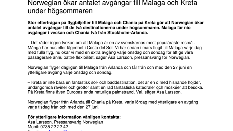 Norwegian ökar antalet avgångar till Malaga och Kreta under högsommaren