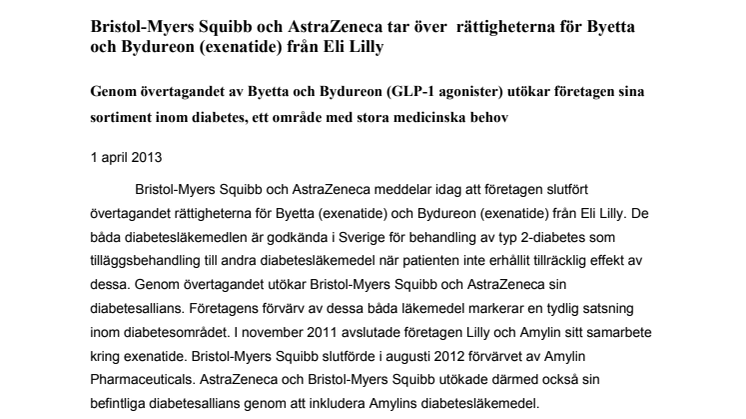 Bristol-Myers Squibb och AstraZeneca tar över rättigheterna för Byetta och Bydureon (exenatide) från Eli Lilly 