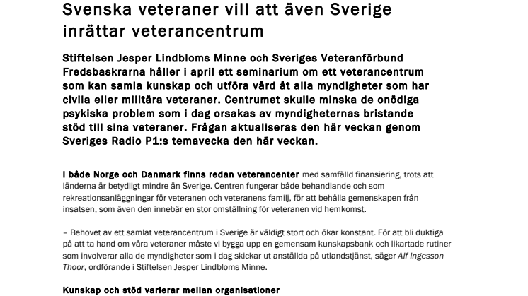 Svenska veteraner vill att även Sverige inrättar veterancentrum