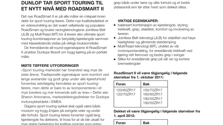 DUNLOP TAR SPORT TOURING TIL ET NYTT NIVÅ MED NYE ROADSMART II 