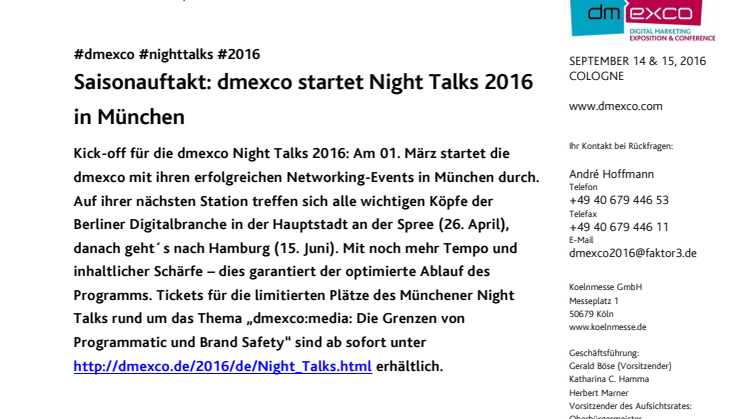 Saisonauftakt: dmexco startet Night Talks 2016 in München