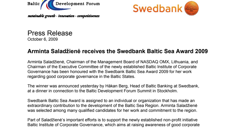 Swedbank Baltic Sea Award 2009 Press release English