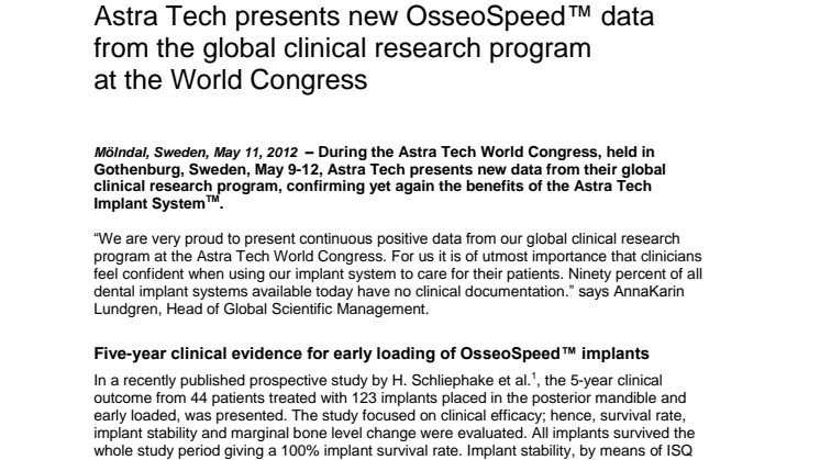 Astra Tech presents new OsseoSpeed™ data from the global clinical research program at the World Congress