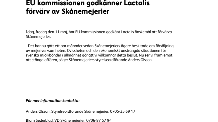 EU kommissionen godkänner Lactalis förvärv av Skånemejerier