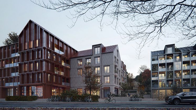 Arkitektskiss av bostäder i slänten mellan Kasernhöjden och Tingvalla isstadion