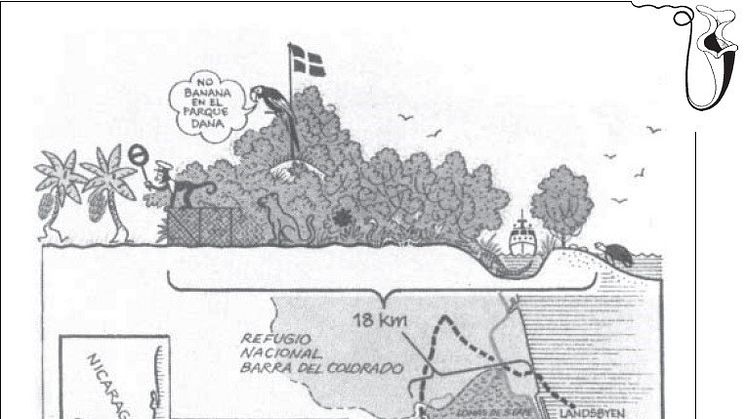 ﻿En tegning viser, hvor i Costa Rica regnskoven, vi købte med donationer fra danskerne står og hvor stort området er i forhold til Bornholm.