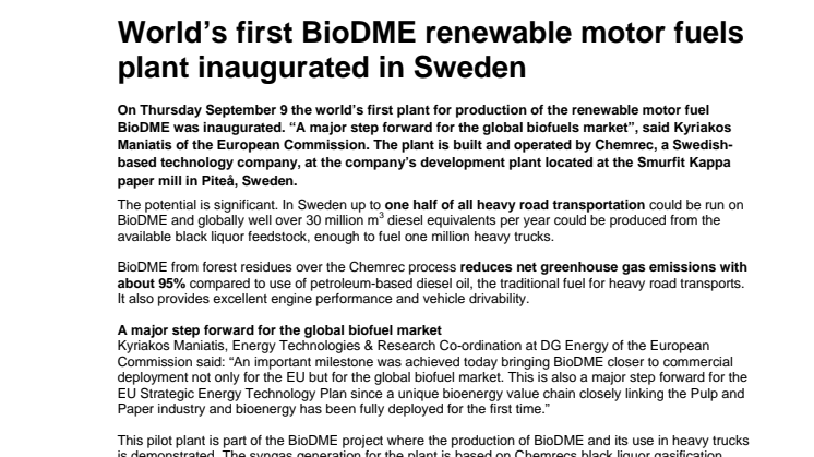 World’s first BioDME renewable motor fuels plant inaugurated in Sweden