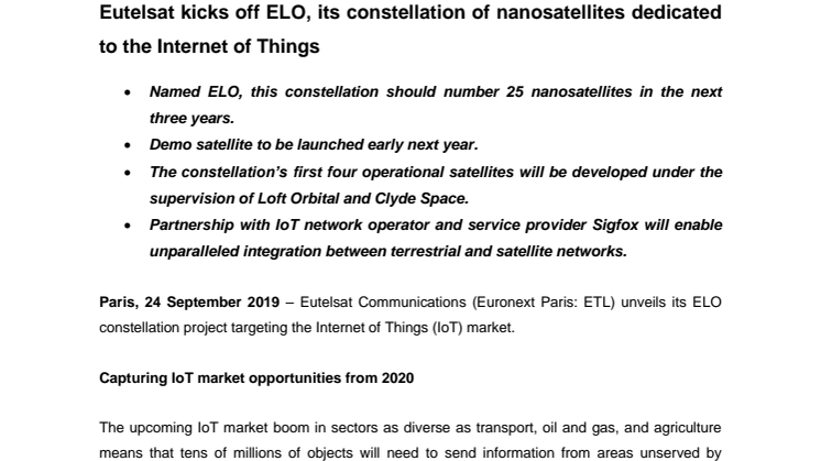 Eutelsat kicks off ELO, its constellation of nanosatellites dedicated to the Internet of Things