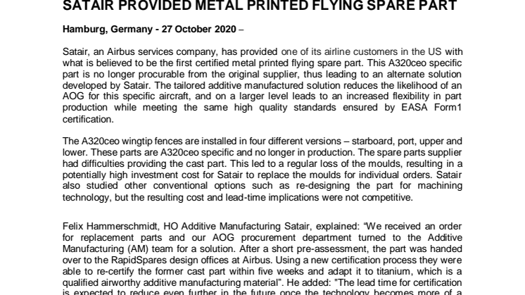 SATAIR PROVIDED METAL PRINTED FLYING SPARE PART 