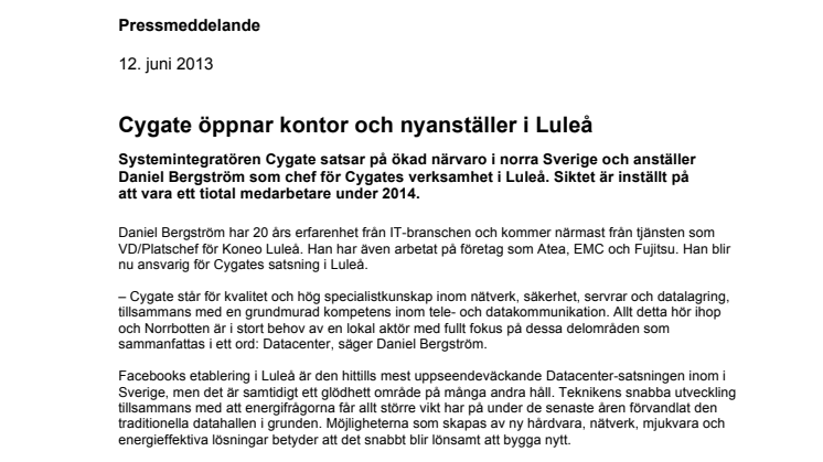 Cygate öppnar kontor och nyanställer i Luleå
