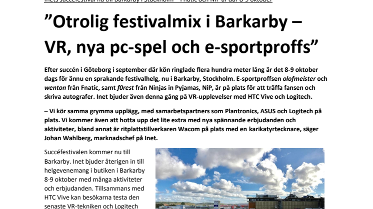 ”Otrolig festivalmix i Barkarby – VR, nya pc-spel och e-sportproffs”