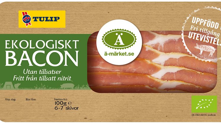 Ekologiskt, nitritfritt bacon från frigående utegrisar.