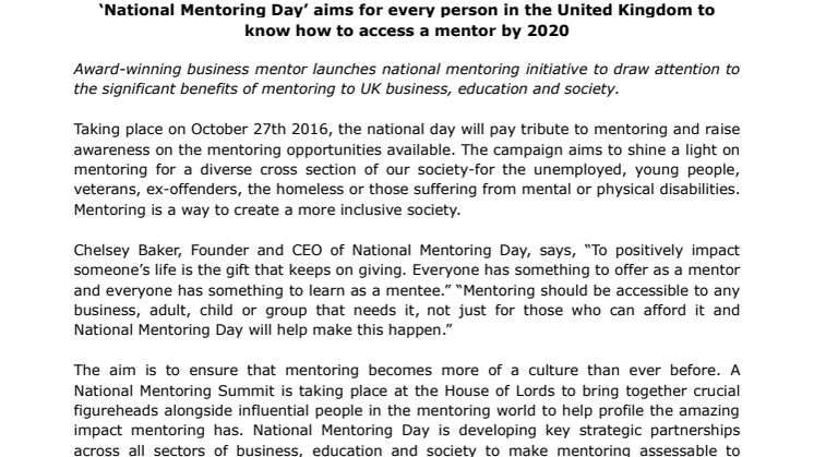 ‘National Mentoring Day’ aims for every person in the United Kingdom to  know how to access a mentor by 2020