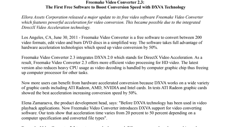 Freemake Video Converter 2.3: The First Free Software to Boost Conversion Speed with DXVA Technology