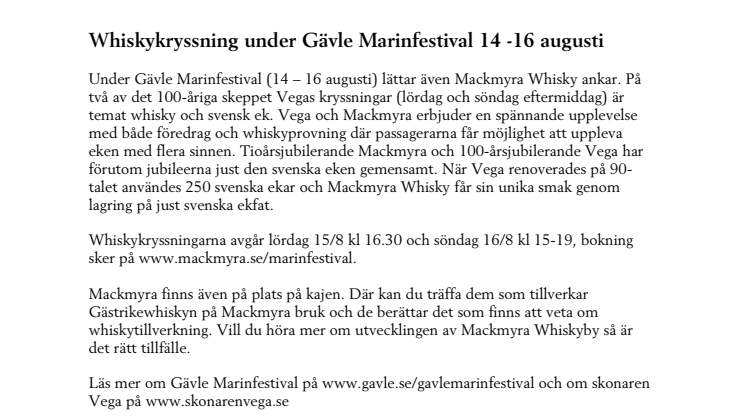 Whiskykryssning under Gävle Marinfestival 14 -16 augusti