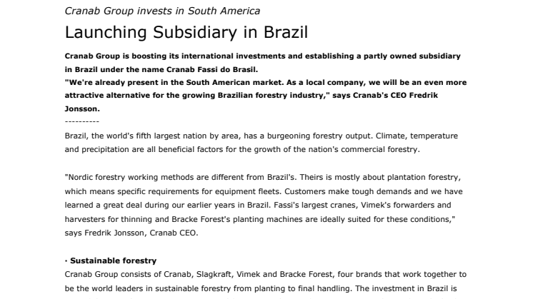 Cranab Group invests in South America. Launching Subsidiary in Brazil