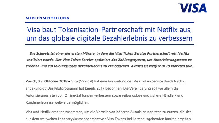 Visa baut Tokenisation-Partnerschaft mit Netflix aus, um das globale digitale Bezahlerlebnis zu verbessern