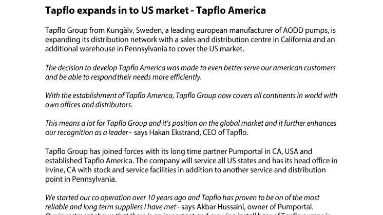 Tapflo expands into US market - Tapflo America