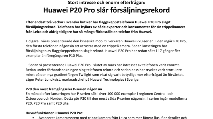 Stort intresse och enorm efterfrågan: Huawei P20 Pro slår försäljningsrekord