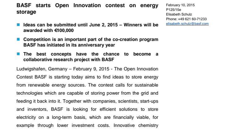 BASF starter Open Innovation konkurrence med fokus på energilagring 