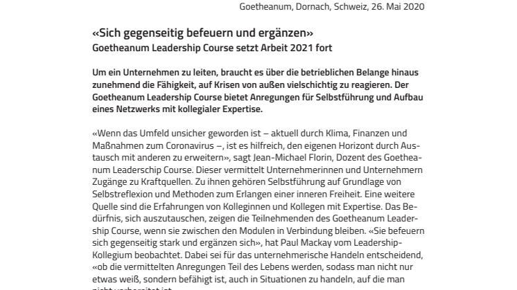 «Sich gegenseitig befeuern und ergänzen»: Goetheanum Leadership Course setzt Arbeit 2021 fort