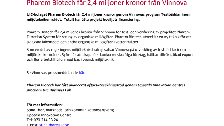 Pharem Biotech får 2,4 miljoner kronor från Vinnova