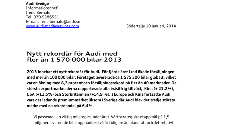 Nytt rekordår för Audi med fler än 1 570 000 bilar 2013