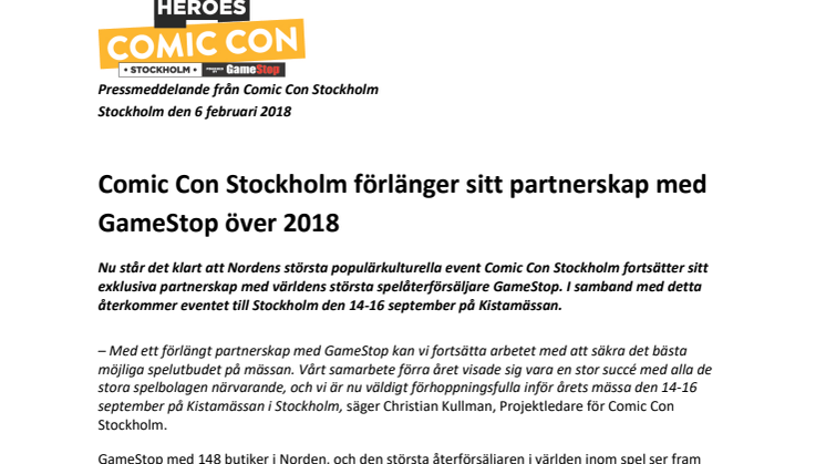 ​Comic Con Stockholm förlänger sitt partnerskap med GameStop över 2018