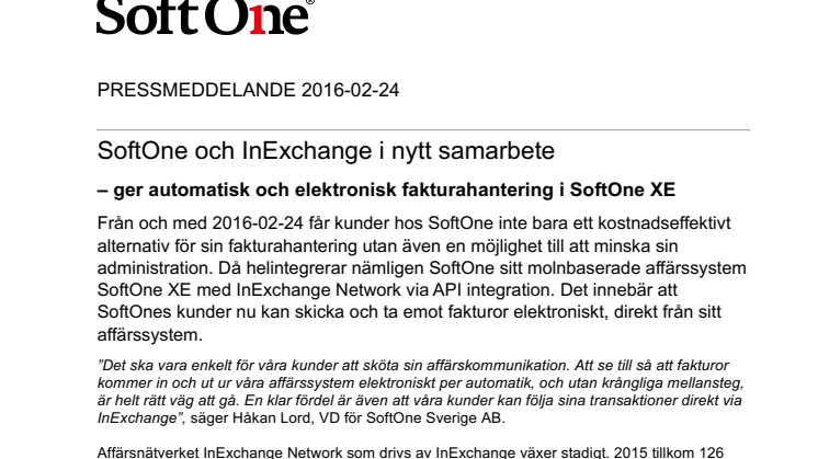 SoftOne och InExchange i nytt samarbete  – ger automatisk och elektronisk fakturahantering i SoftOne XE