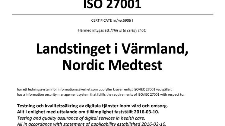 ISO 27001 Certifikat Nordic Medtest