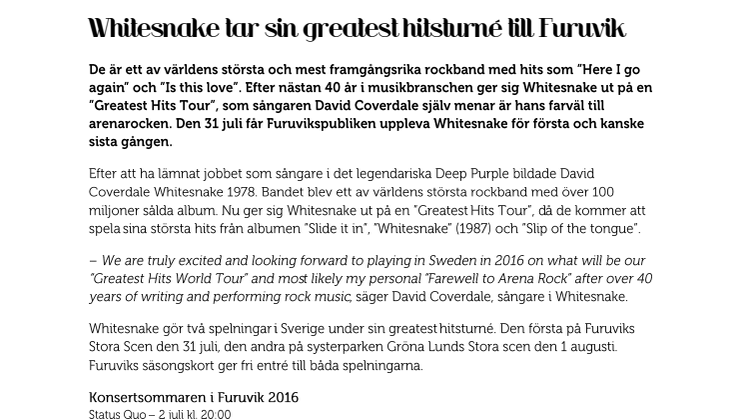Whitesnake tar sin greatest hitsturné till Furuvik