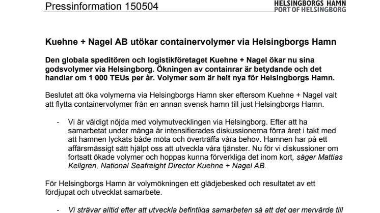 Kuehne + Nagel AB utökar containervolymer via Helsingborgs Hamn