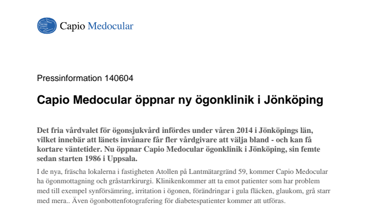 Capio Medocular öppnar ny ögonklinik i Jönköping