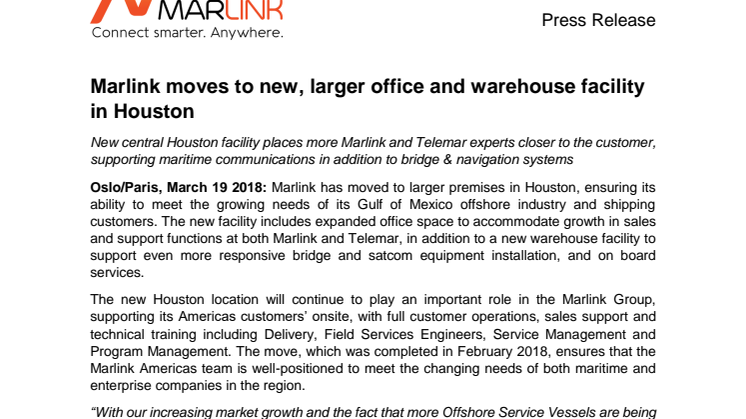 Marlink moves to new, larger office and warehouse facility in Houston 