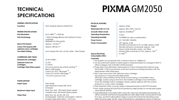 PIXMA GM2050 spec sheet