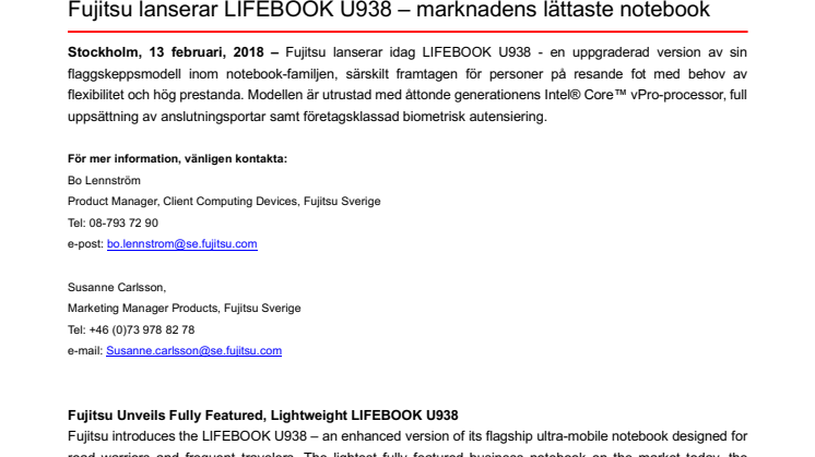 Fujitsu lanserar LIFEBOOK U938 - marknadens lättaste notebook 