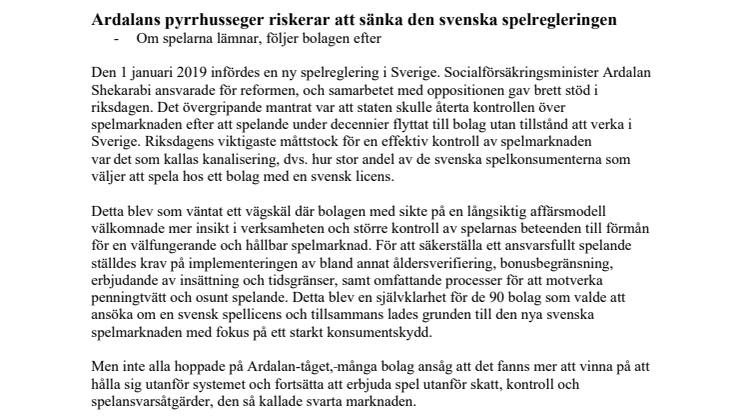 Ardalans pyrrhusseger riskerar att sänka den svenska spelregleringen - Öppet brev till Socialförsäkringsministern