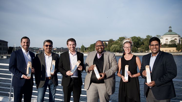 Six outstanding innovators from three continents celebrate becoming  finalists in the second Imagine H2O Urban Water Challenge at a reception in Stockholm, Sweden