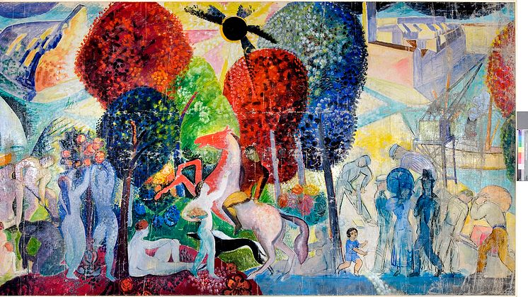 Isaac Grünewald, Land och Stad, 1918. Skiss till väggmålning i trapphallen på Nationalmuseum i Stockholm. (ej utförd). Skissernas Museum, Lund. 