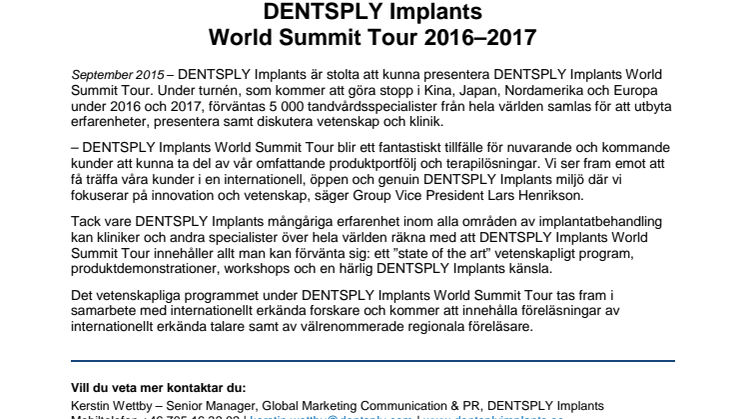 DENTSPLY Implants World Summit Tour 2016–2017