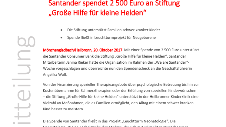 Santander spendet 2 500 Euro an Stiftung „Große Hilfe für kleine Helden“