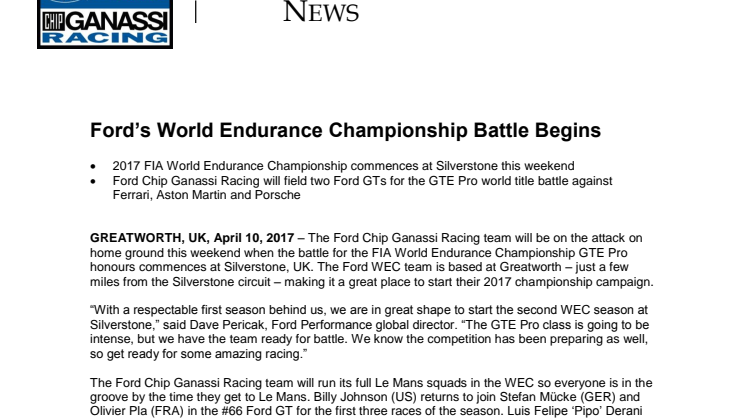 MOTORSPORT: Ford’s World Endurance Championship Battle Begins 