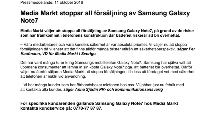 Media Markt stoppar all försäljning av Samsung Galaxy Note7